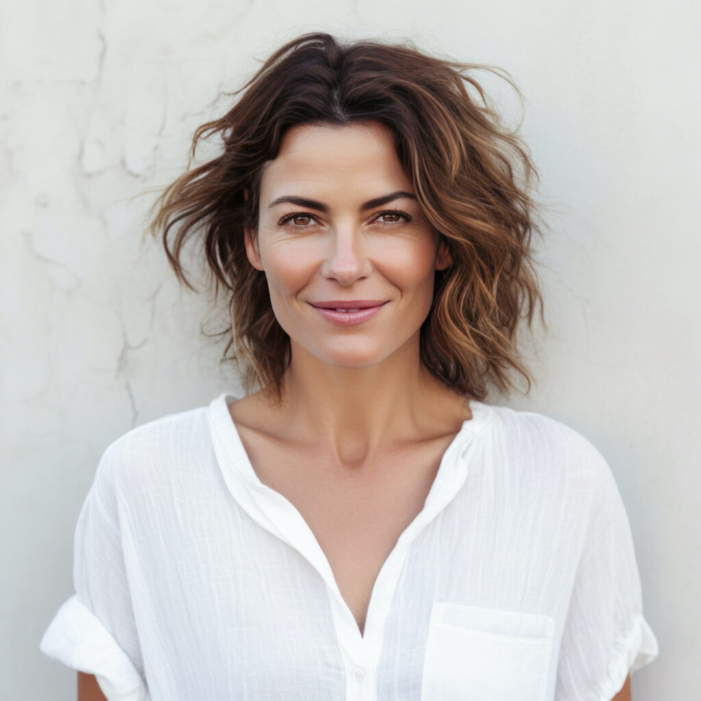 Photo of a middle-aged brunette woman wearing a white shirt