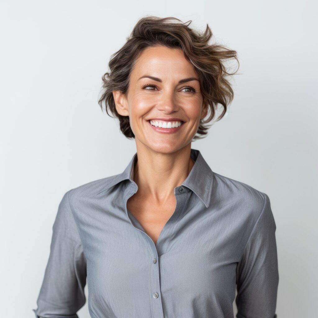 Photo of a middle-aged brunette woman with short hair wearing a gray shirt